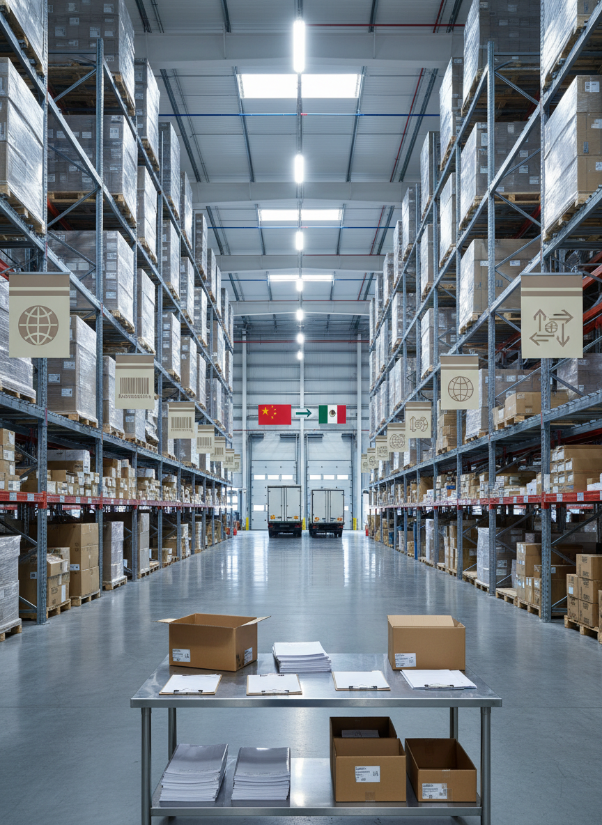 An expansive interior of a high-ceilinged cross-border logistics warehouse, captured in photographic realism. Long aisles of neatly stacked pallets and cartons are organized in clearly labeled zones, with neutral barcode stickers and simple icons instead of text. In the mid-ground, open rolling doors reveal a waiting fleet of cargo trucks with blank, white trailers ready for China–Mexico shipments. Overhead LED lighting casts bright, even illumination, with subtle reflections on polished concrete floors and soft shadows beneath shelving. On a central worktable, neatly arranged clipboards, shipping documents without legible text, and cardboard boxes convey meticulous handling and double-clearance services. Shot at eye level with a wide-angle lens, the composition draws the viewer down the main aisle, creating an atmosphere of precision, reliability, and high volume capacity for professional logistics operations.